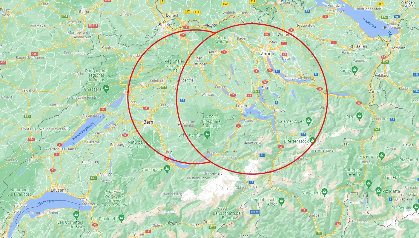 Map showing the service area of WP24 GmbH in Switzerland